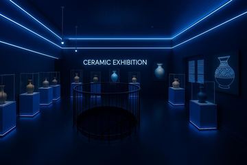 Ruang pamer keramik bernuansa neon LED